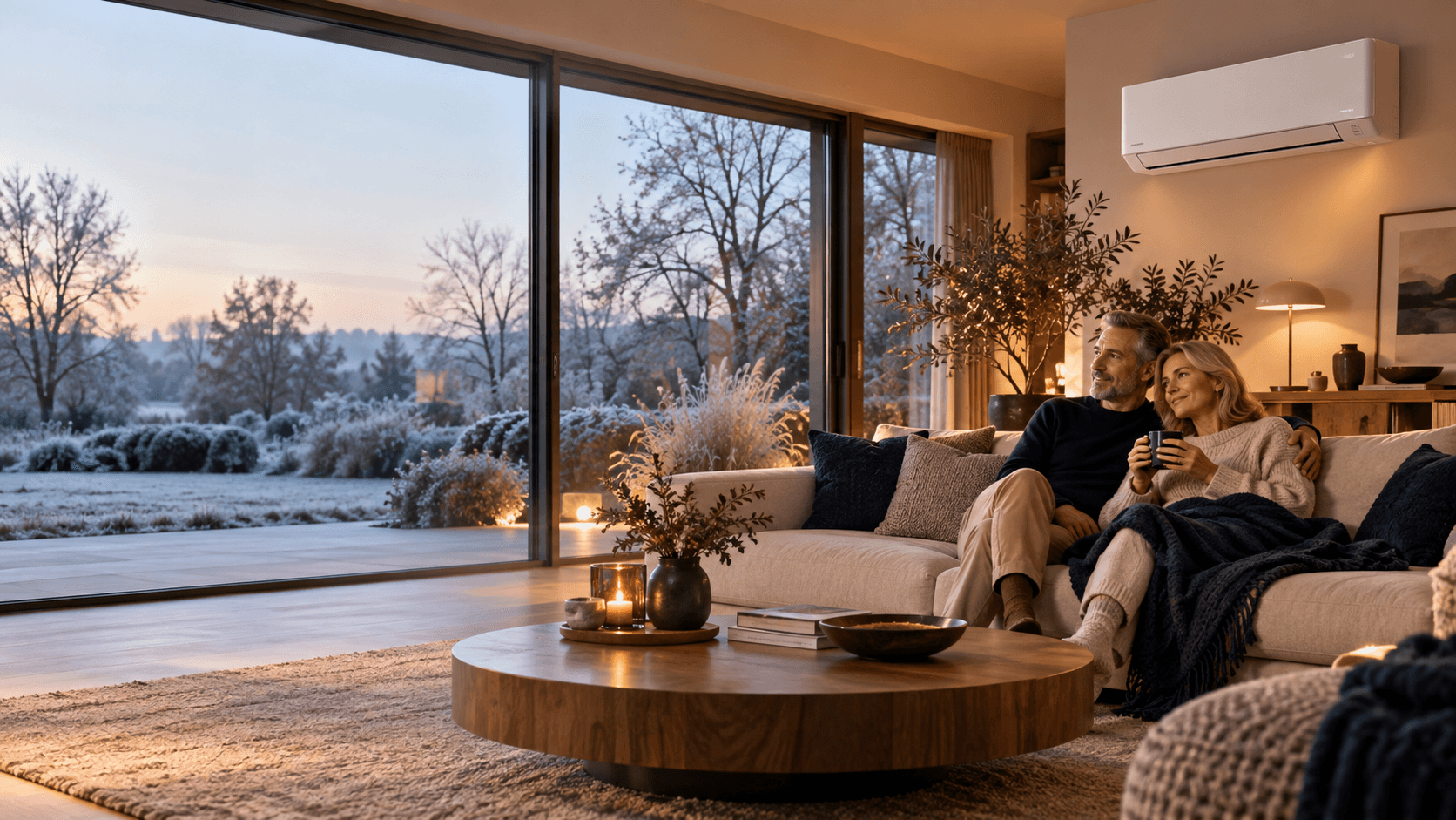 Gemütliches Wohnzimmer mit Klimaanlage und Blick in einen winterlichen Garten
