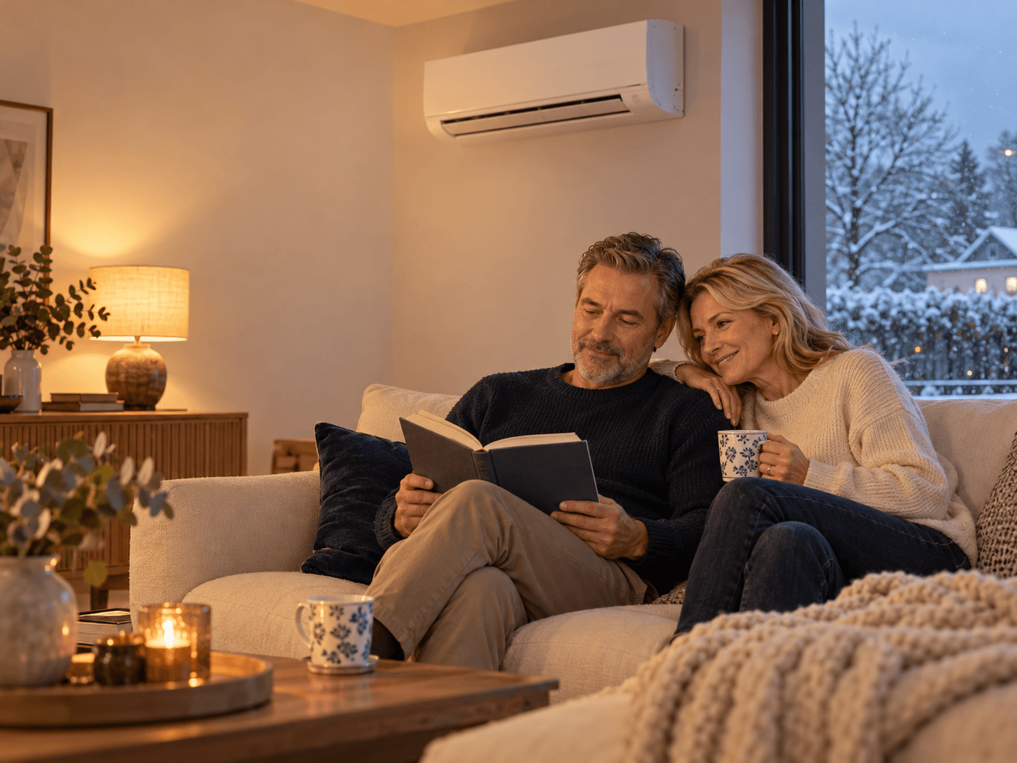Ein Paar genießt einen ruhigen Winterabend im Wohnzimmer unter einer Klimaanlage