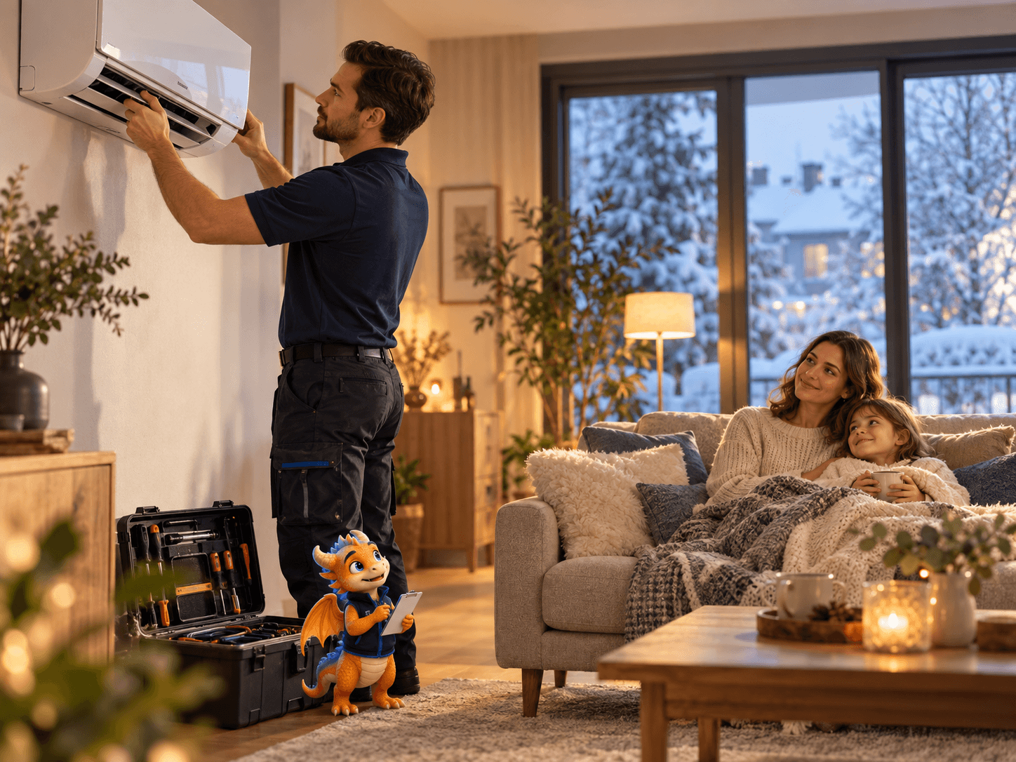 Fachgerechte Montage einer Klimaanlage im gemütlichen Wohnzimmer einer Familie, begleitet von Klimi